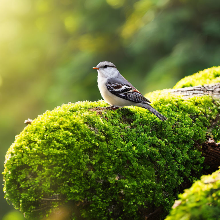 Grey and White Bird Perched on Mossy Log in Green Background