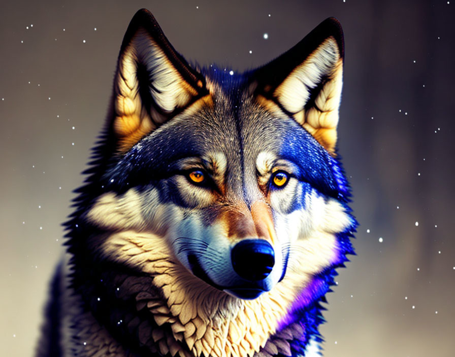 Vividly illustrated wolf against starry background