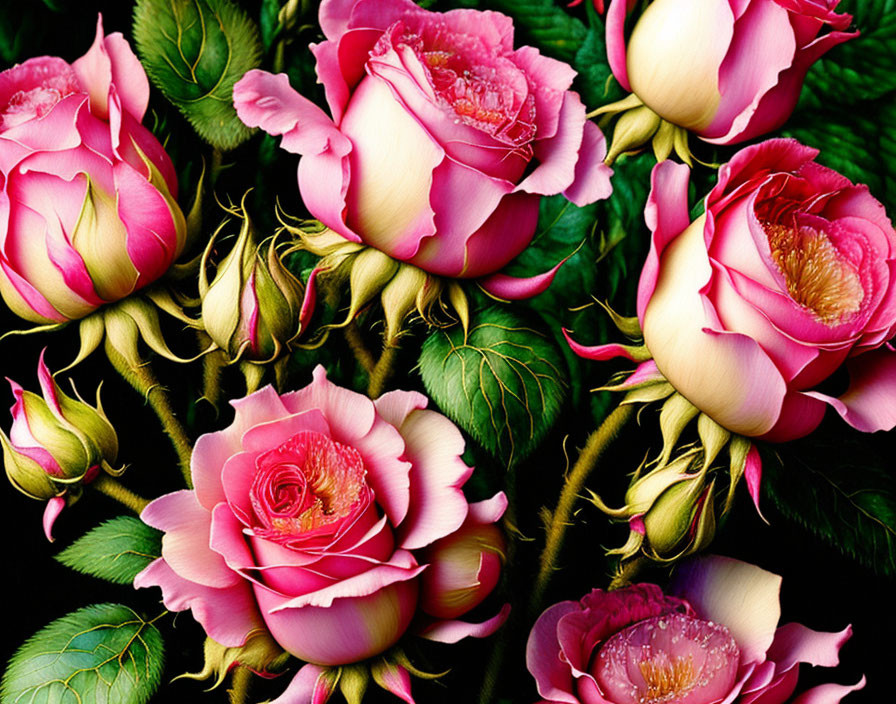 Pink Roses with Dewdrops Among Dark Green Leaves