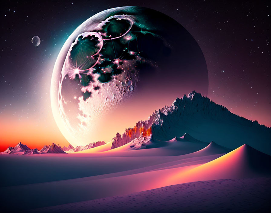 Snow-covered mountains under a pink sky with fantastical planet and moon.