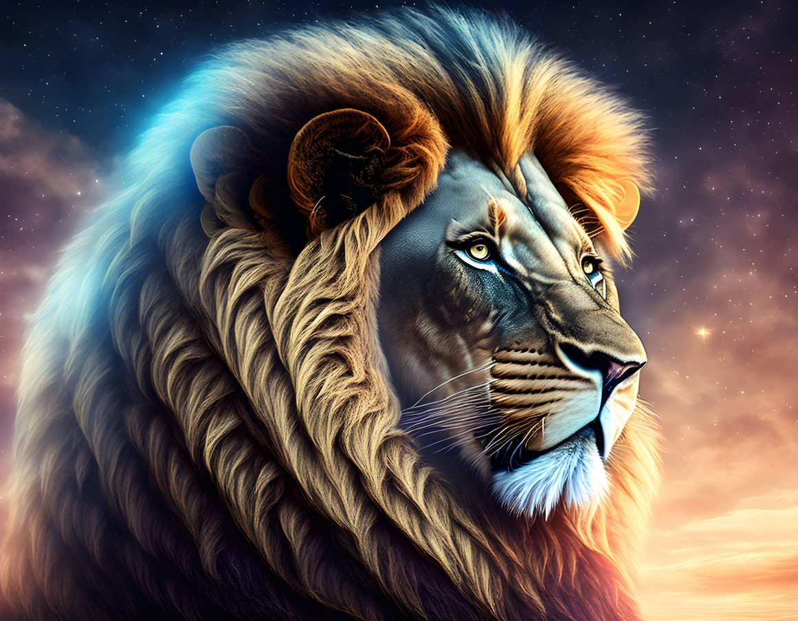 Majestic lion with vibrant mane in cosmic sunrise setting