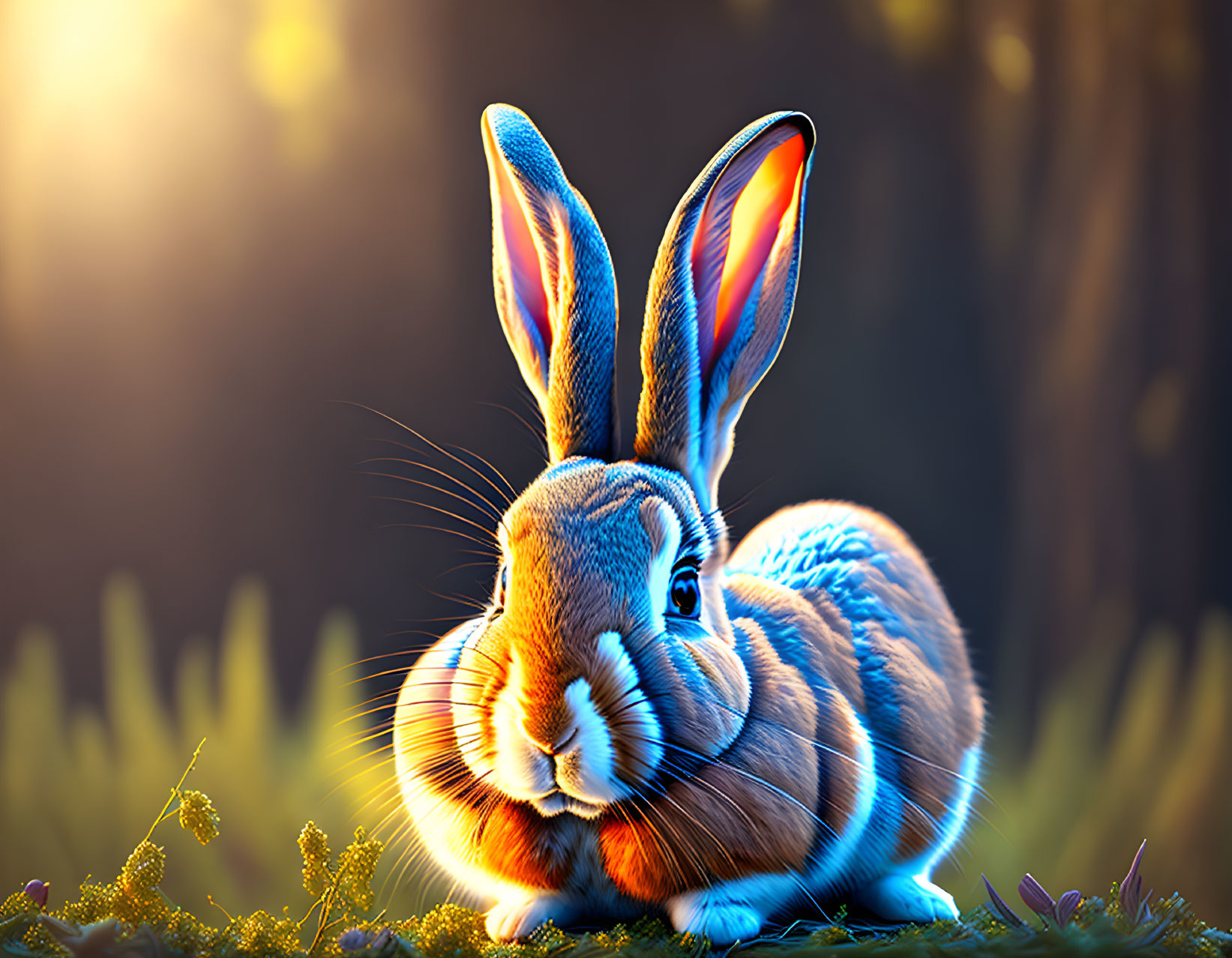 Illustrated rabbit in vibrant forest with sunlight creating magical atmosphere