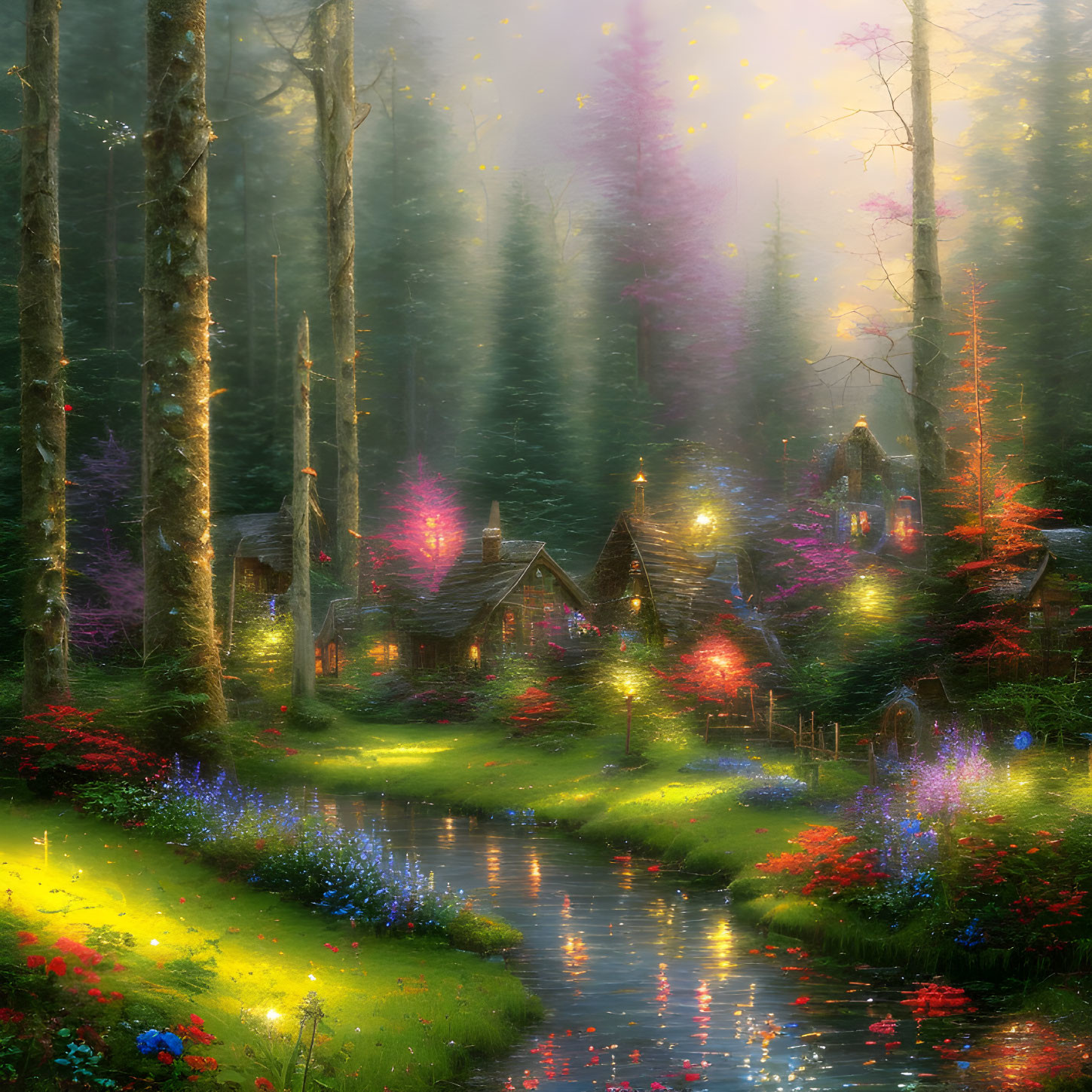 Ethereal forest scene with cozy cottages, stream, flowers, misty canopy