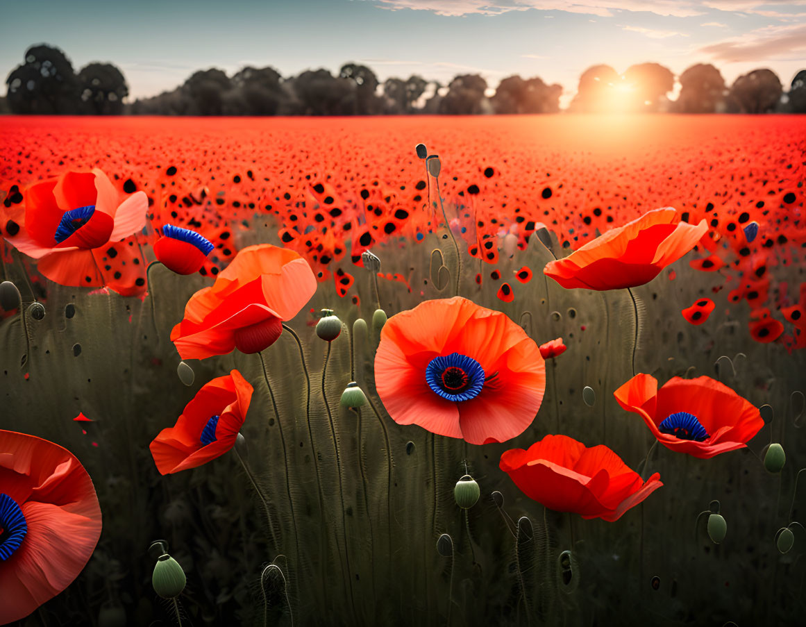 Sunset scene: Vibrant poppy field under warm sun, red flowers and green stems.