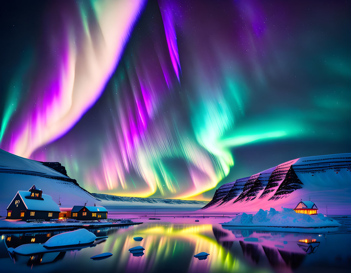 Colorful aurora borealis above snowy landscape with cozy houses and frozen lake