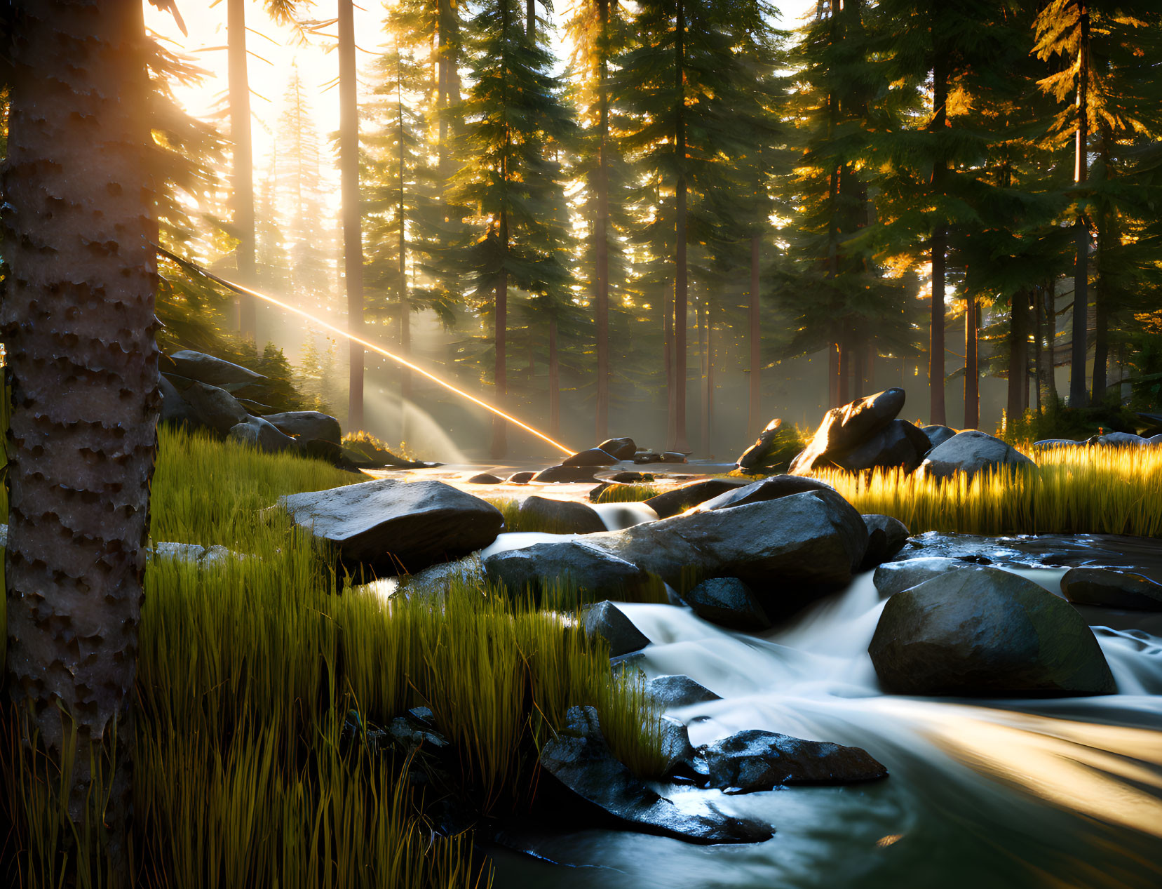 Forest Stream with Sunlight Filtering Through Trees