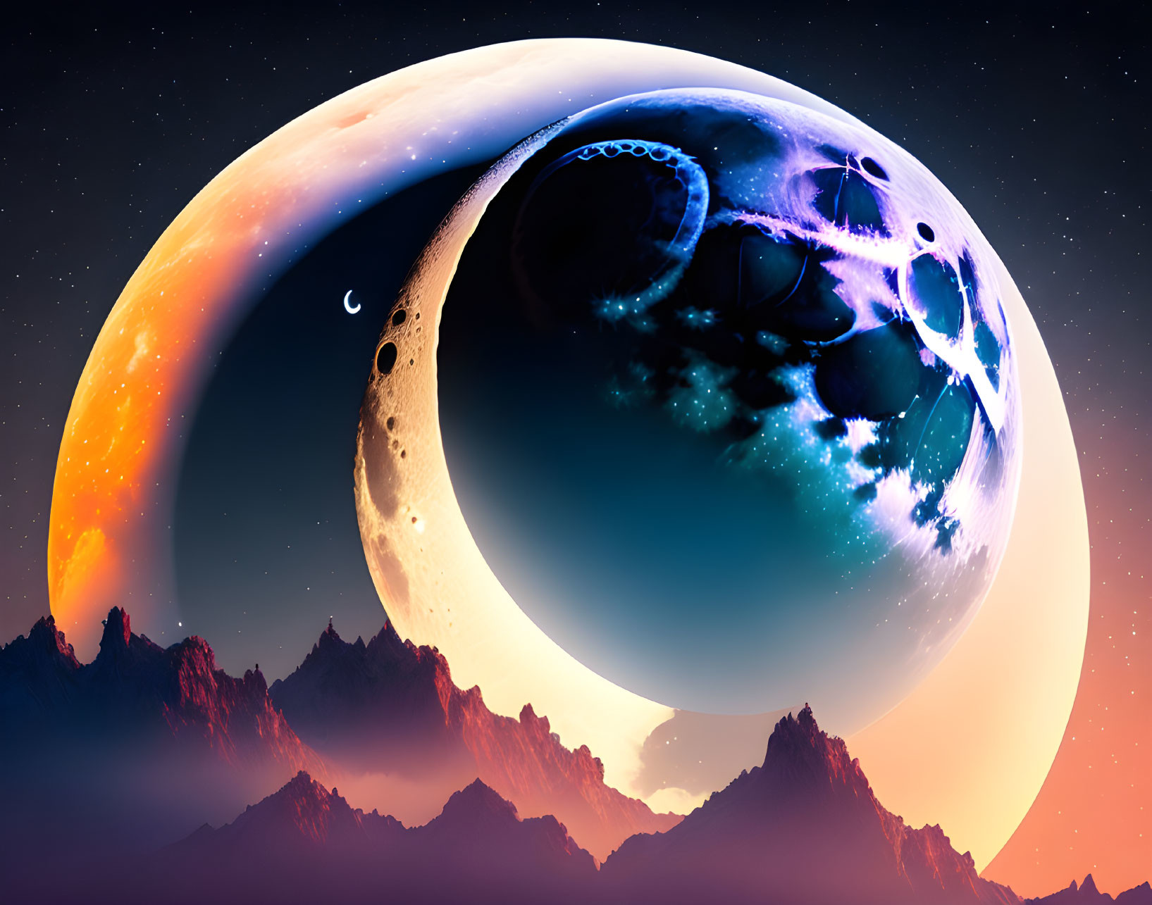 Vibrant cosmic scene with celestial bodies over mountain range