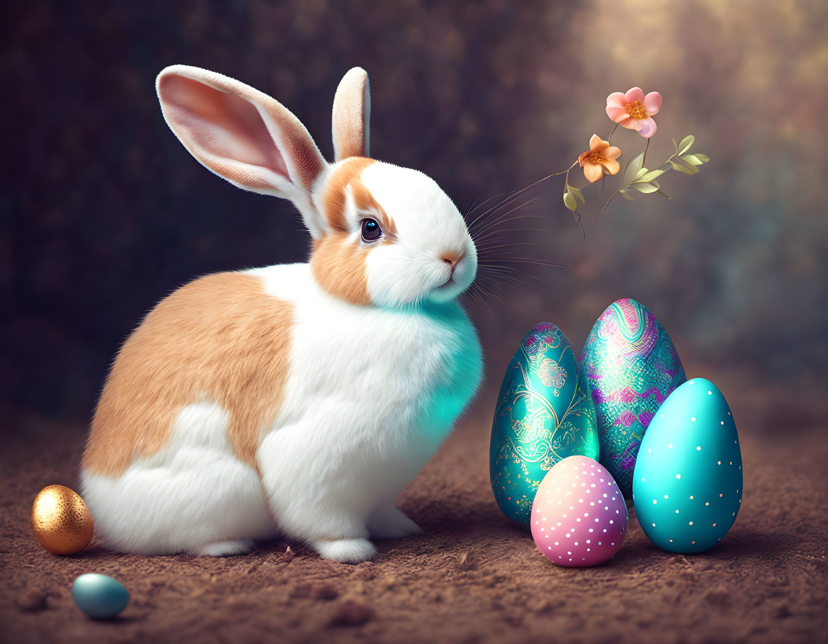 Colorful Easter Bunny with Eggs and Flower on Textured Background