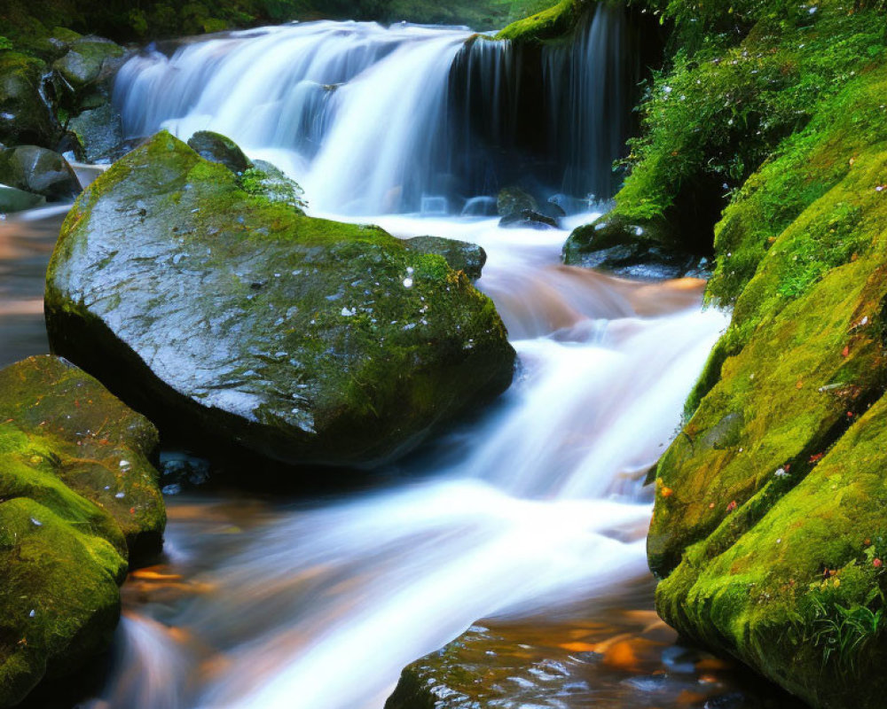 Tranquil forest scene with cascading waterfall