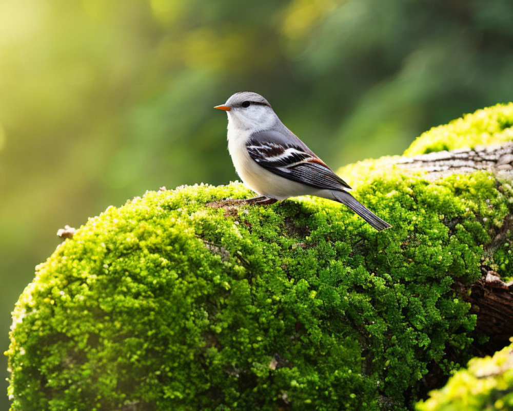 Grey and White Bird Perched on Mossy Log in Green Background