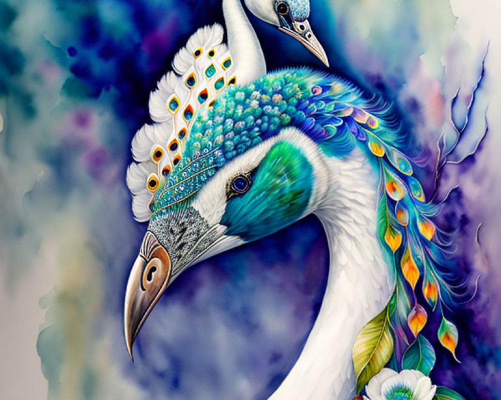 Colorful artwork of fantastical bird with peacock feathers and intricate decorations