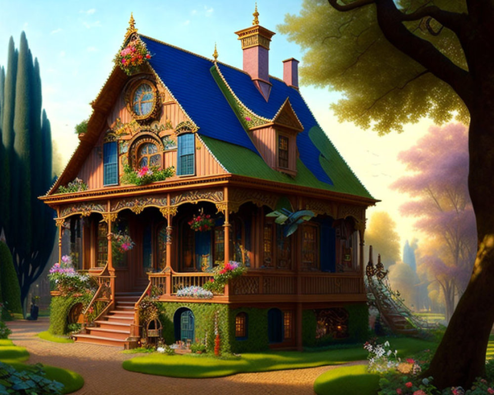 Victorian-style house with lush gardens and intricate woodwork at sunset