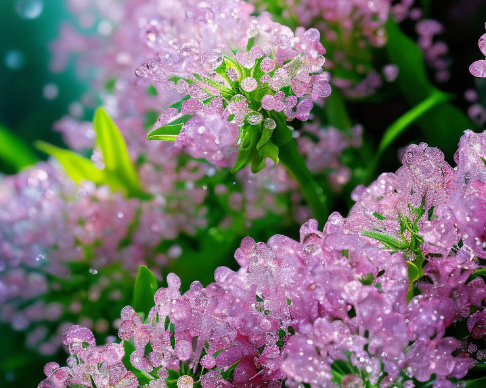 Detailed view of dew-covered pink flowers and green leaves with shimmering water droplets.