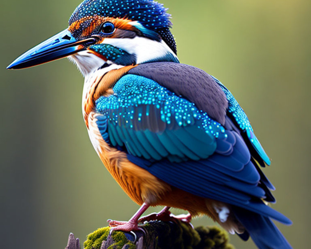 Colorful kingfisher perched on mossy branch with sharp beak and alert eyes