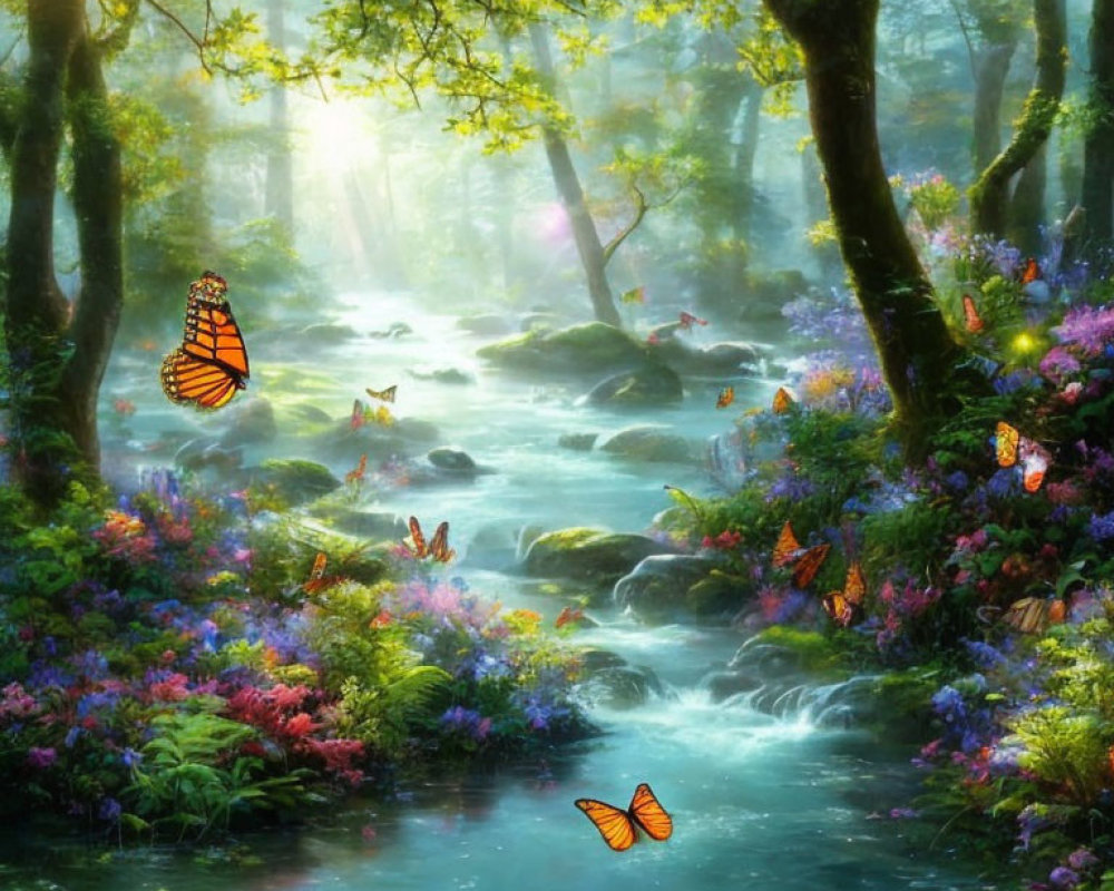 Tranquil forest stream with sun rays, butterflies, and vibrant flowers