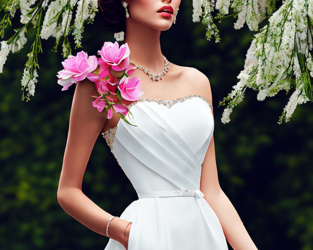 Bride in white wedding gown with jewelry and pink flowers on green backdrop