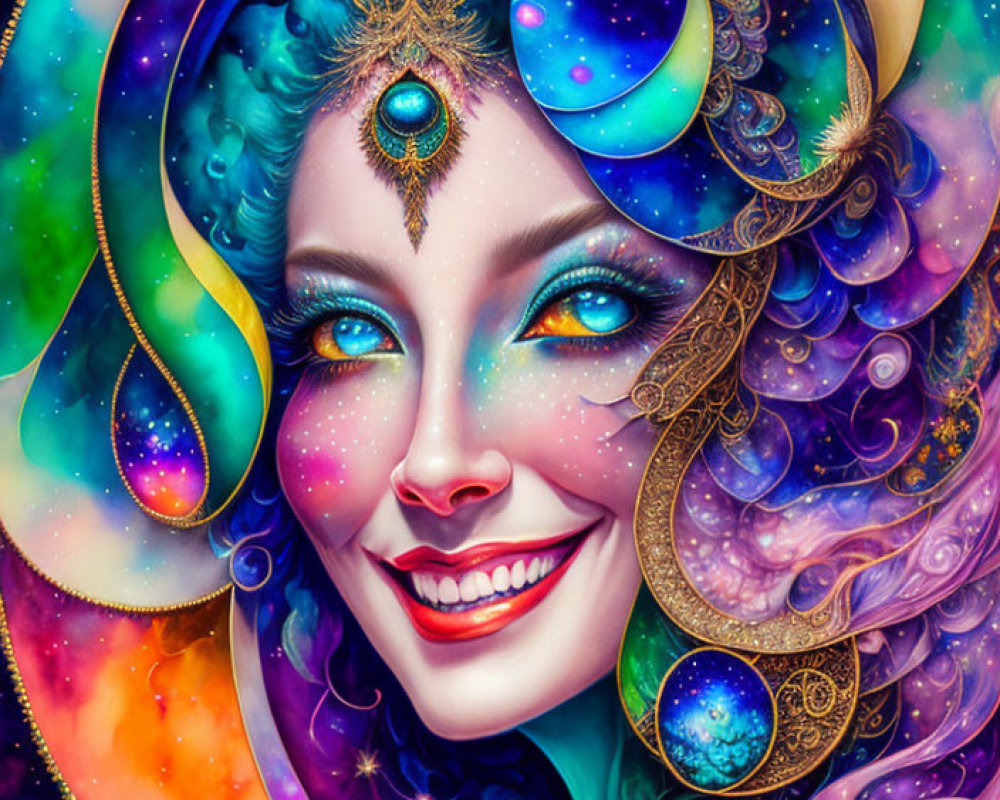 Colorful digital artwork of woman with cosmic theme and galaxy-filled headdress