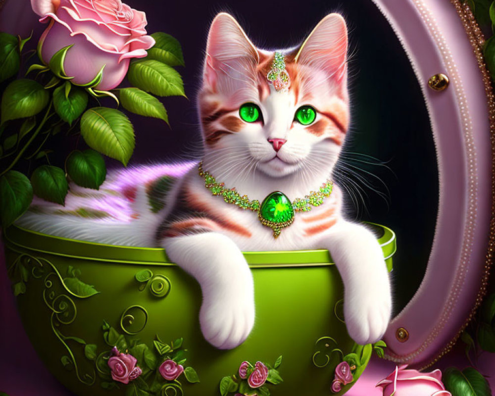 Illustration of Calico Cat with Jewelry in Ornate Bowl on Purple Background