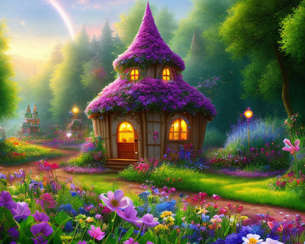 Whimsical cottage with purple thatched roof in vibrant, flower-filled clearing