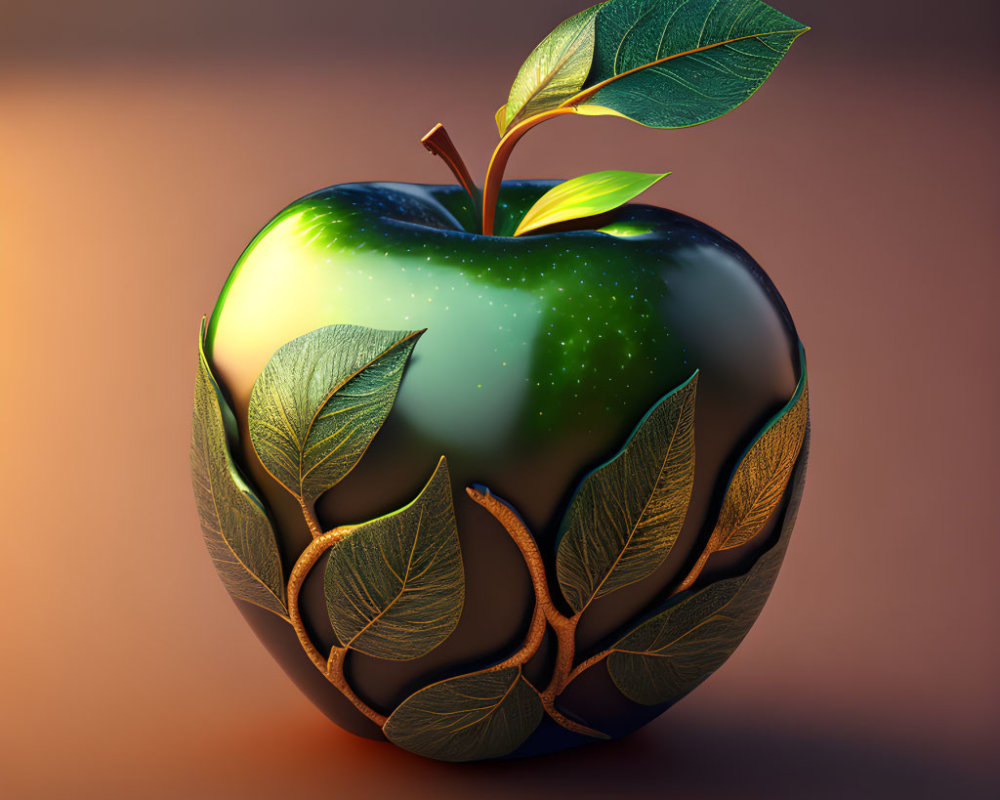 Glossy apple with starry sky pattern and leaves in digital illustration