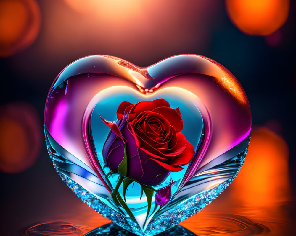 Glass heart with red rose on warm bokeh background