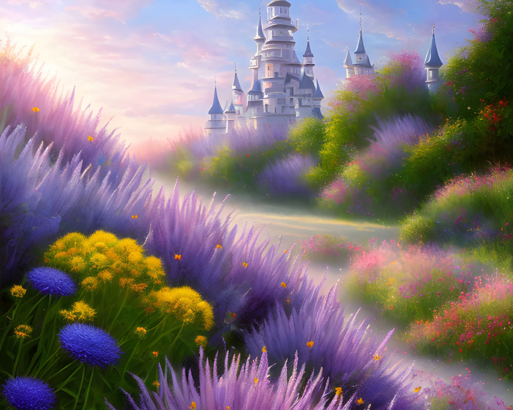 Fairytale Castle Surrounded by Purple and Pink Flowers at Sunrise