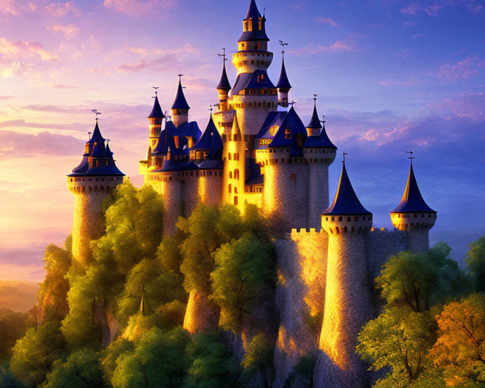 Majestic castle on hill in golden light