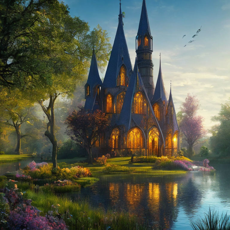 Gothic castle with lush gardens, pond, and warm sunlight at dusk