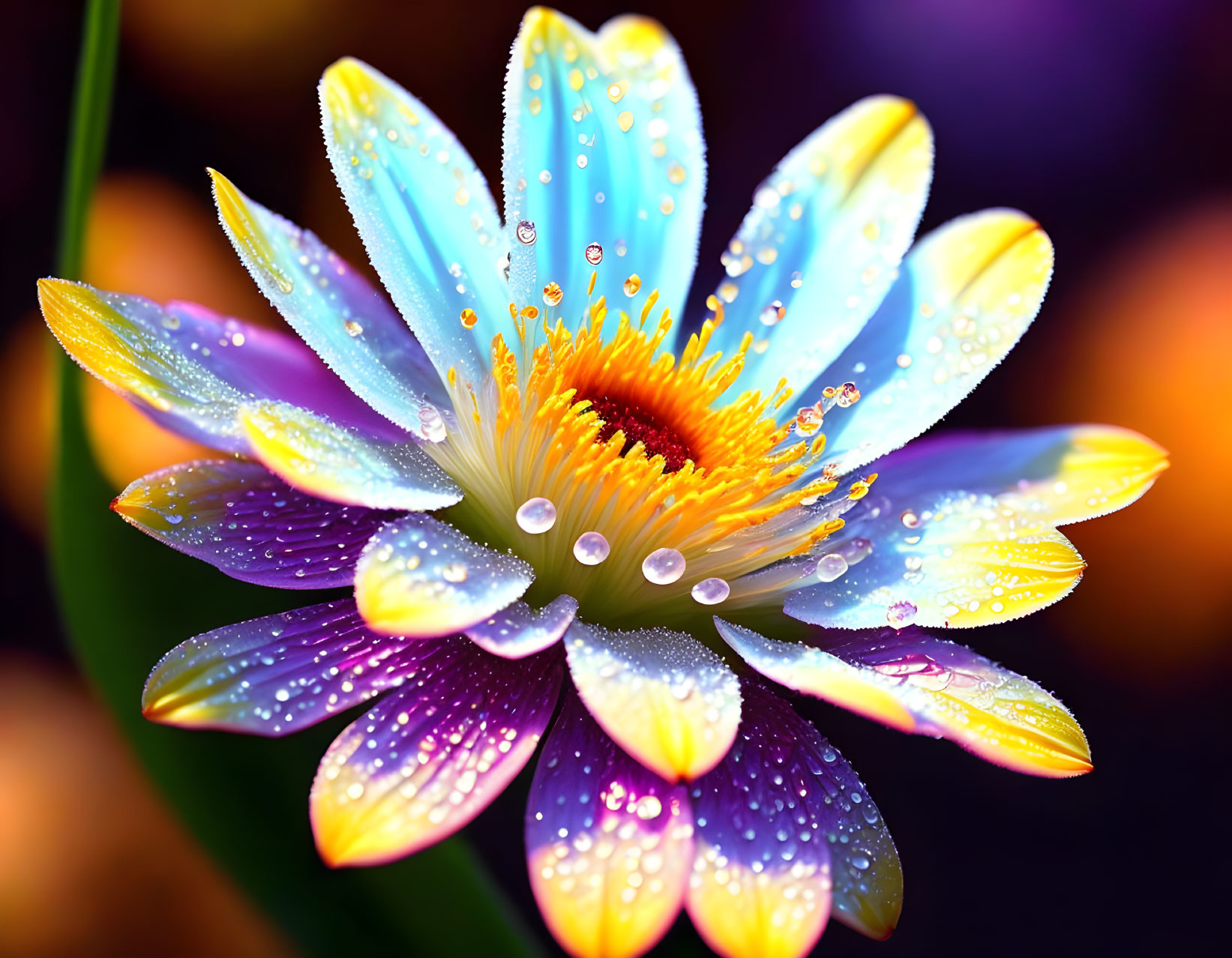 Colorful Blue and Purple Flower with Water Droplets on Petals in Blurry Background