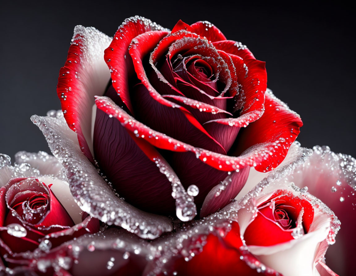 Vibrant red roses with dew drops on dark background