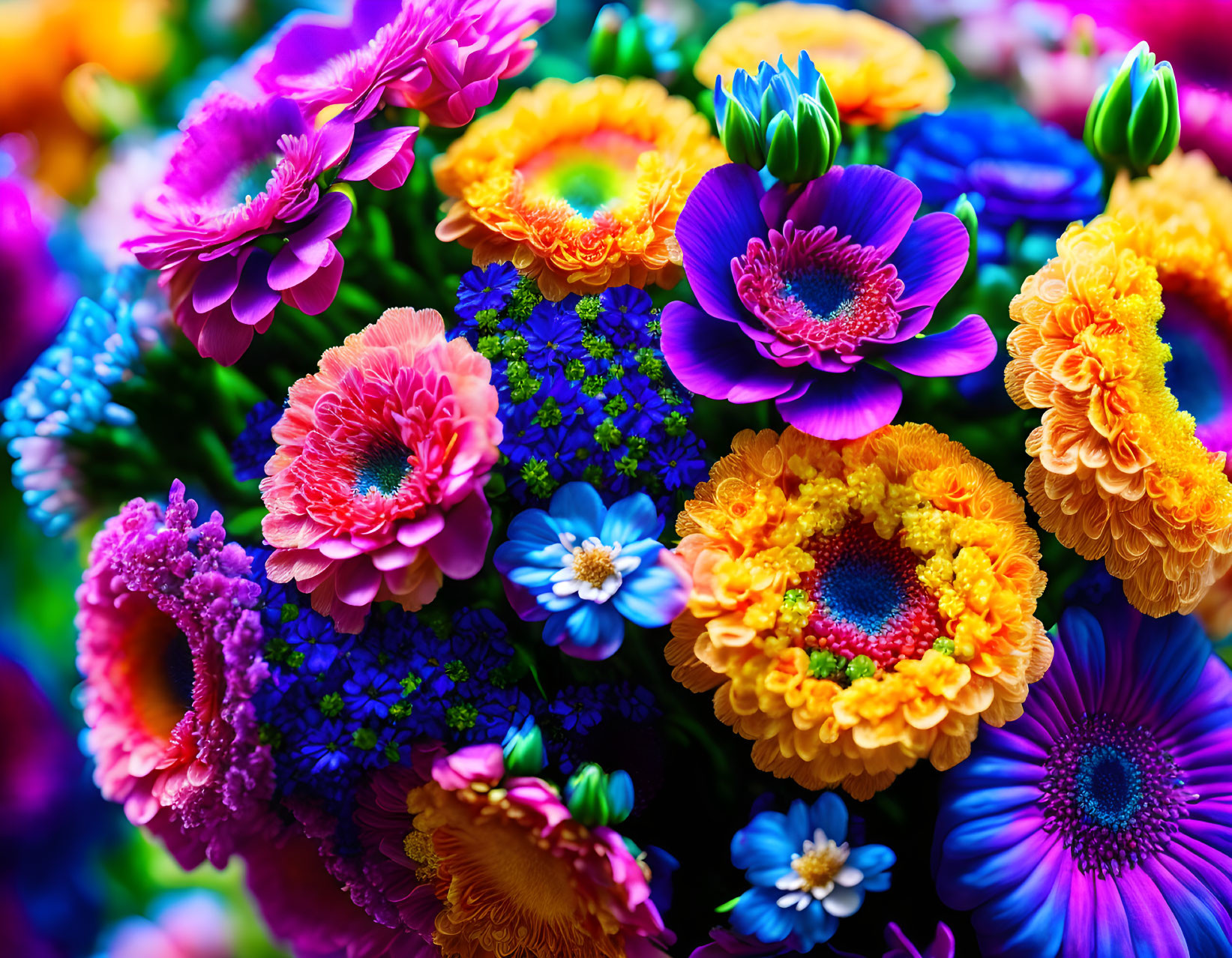 Assorted Flowers in Vibrant Blue, Pink, Orange, and Purple Hues