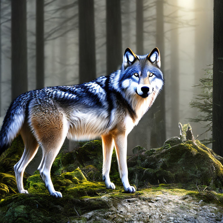 Alert wolf in sunlit forest with thick coat and moss-covered ground.