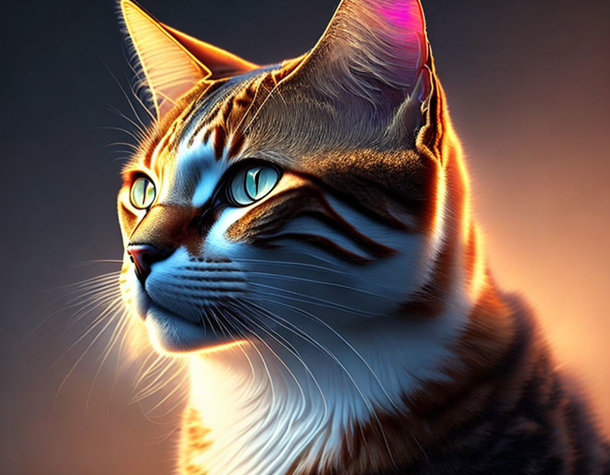 Detailed Tabby Cat Digital Illustration with Green Eyes on Dark Background