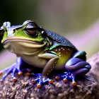 Vibrant blue-footed frog with dotted skin on a rock, focused gaze.