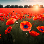 Sunset scene: Vibrant poppy field under warm sun, red flowers and green stems.