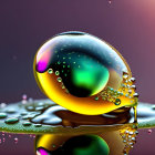 Macro shot of colorful water droplets on reflective surface with bokeh effect