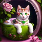 Illustration of Calico Cat with Jewelry in Ornate Bowl on Purple Background