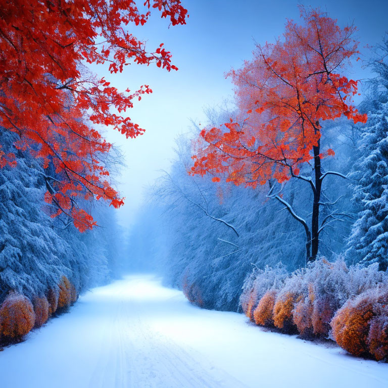 Snowy Landscape with Autumnal Red and Frosted Blue Trees Framing Tranquil Path