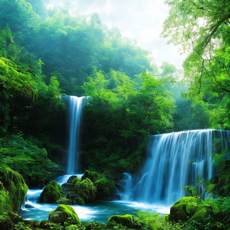 Serene waterfall in lush green surroundings