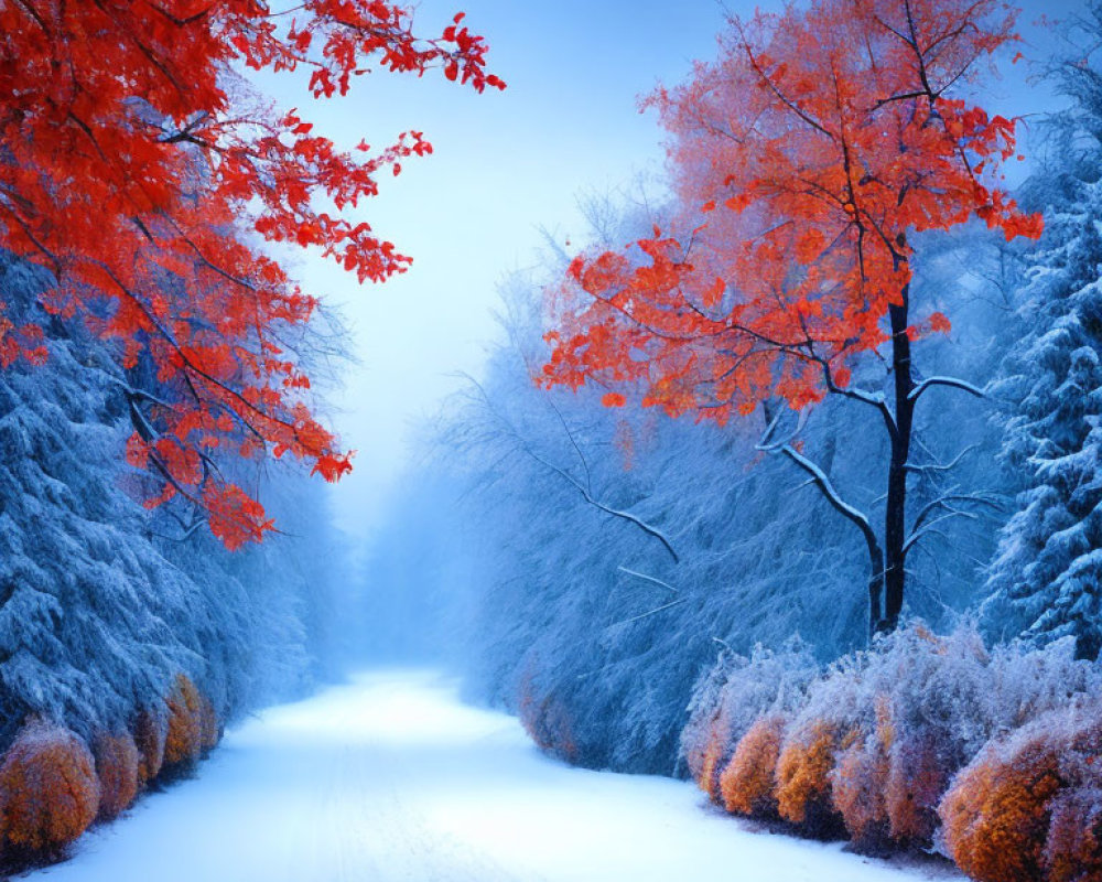 Snowy Landscape with Autumnal Red and Frosted Blue Trees Framing Tranquil Path