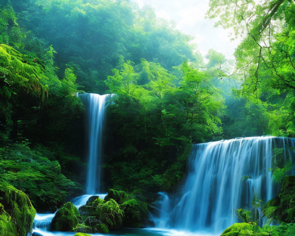 Serene waterfall in lush green surroundings