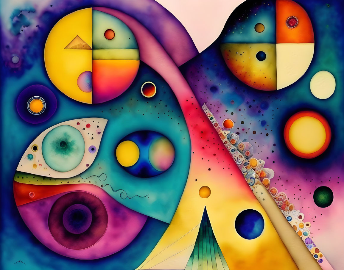 Vibrant abstract art with geometric shapes and celestial motifs