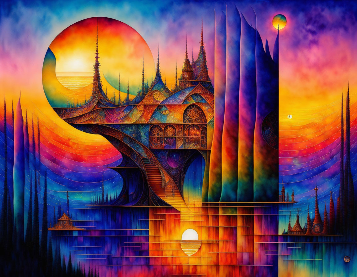 Fantasy landscape with castle, bridges, crescent moon, and sunset sky