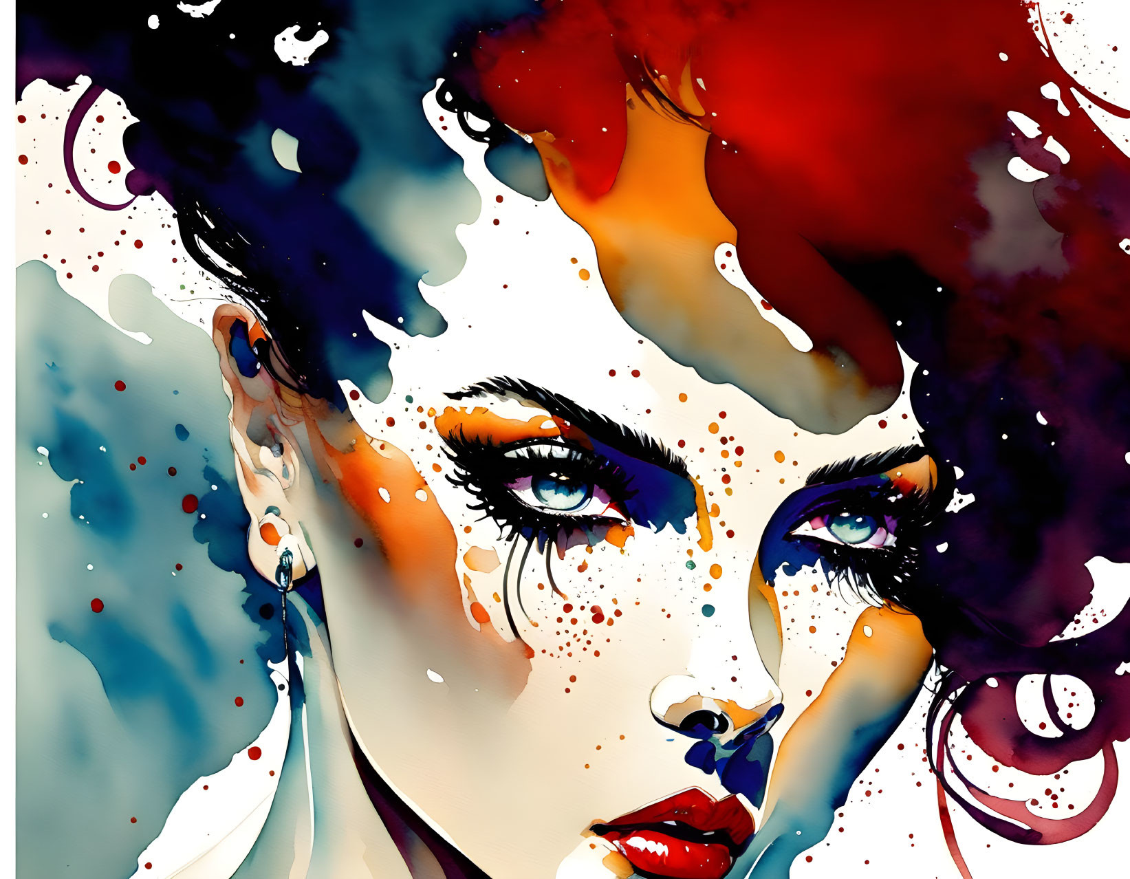 Vibrant watercolor portrait of a woman with red and blue splashes