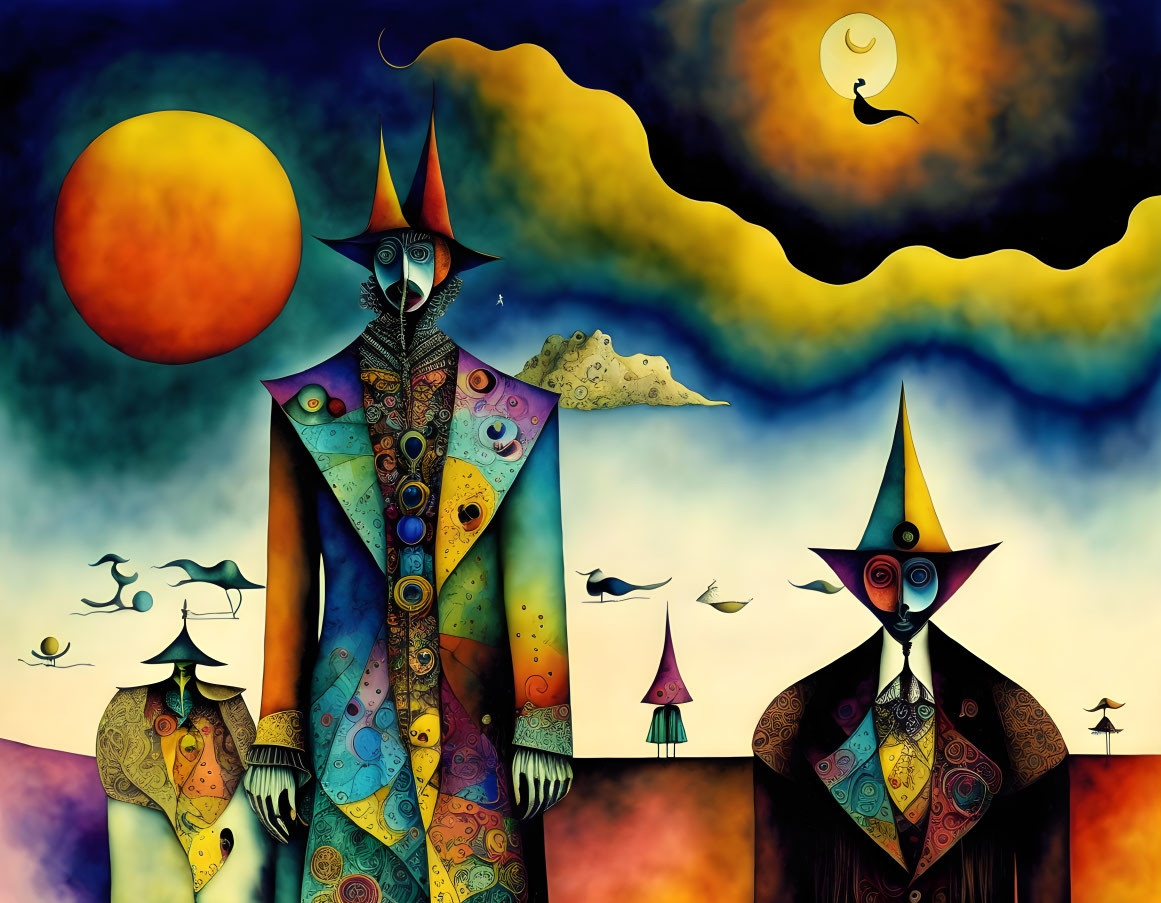 Colorful surrealistic artwork with elongated figures and celestial motifs