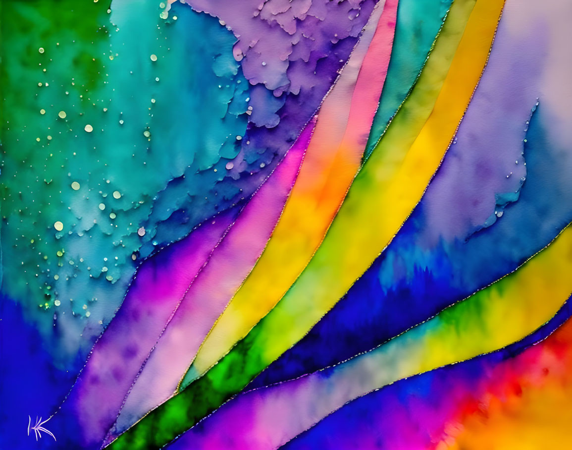 Colorful Watercolor Painting with Bold Strokes and Splattered White Paint Drops