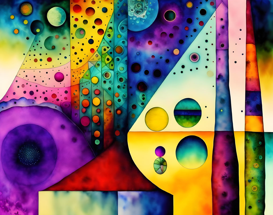 Colorful Abstract Painting with Mosaic Shapes and Cosmic Theme