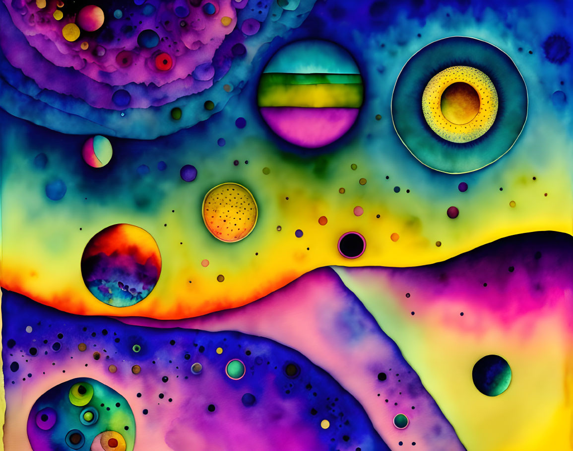 Colorful Abstract Artwork: Planets and Celestial Bodies in Psychedelic Composition