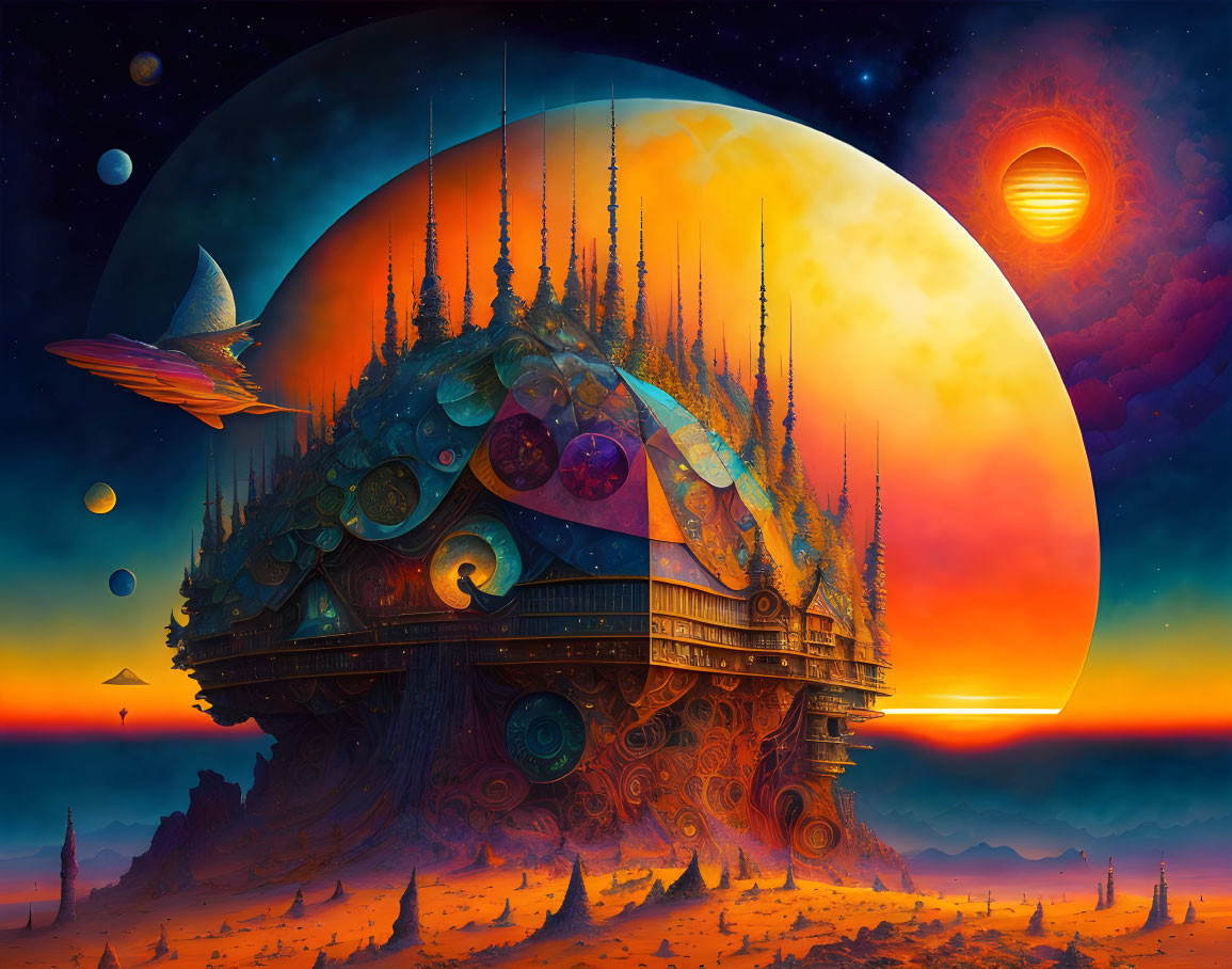 Vibrant sci-fi scene: ornate structure, planets, spacecraft in cosmic landscape