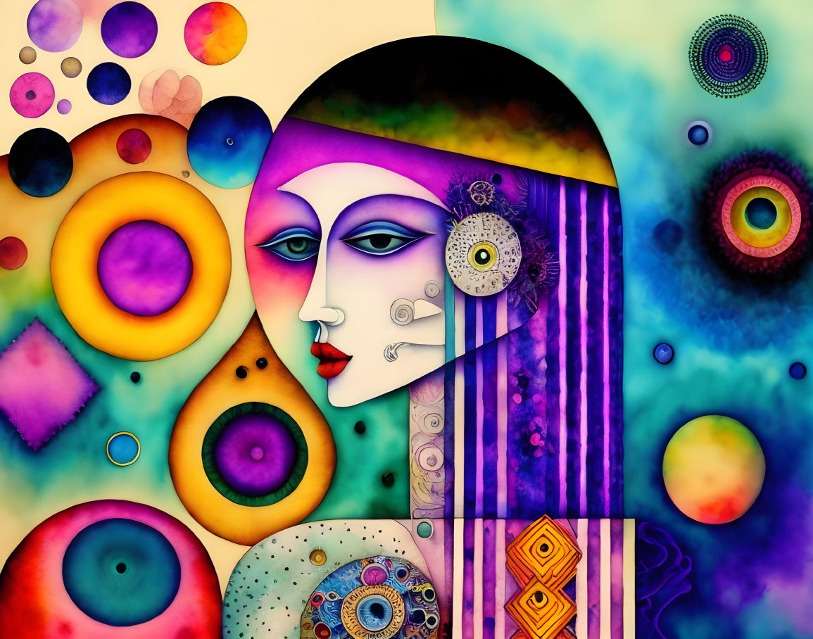 Colorful Abstract Painting: Stylized Face with Geometric Patterns